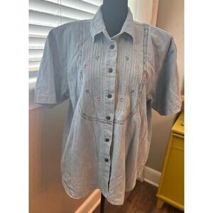 Capacity denim short sleeve embroidered button down shirt‎ w/ epic shoulder pads